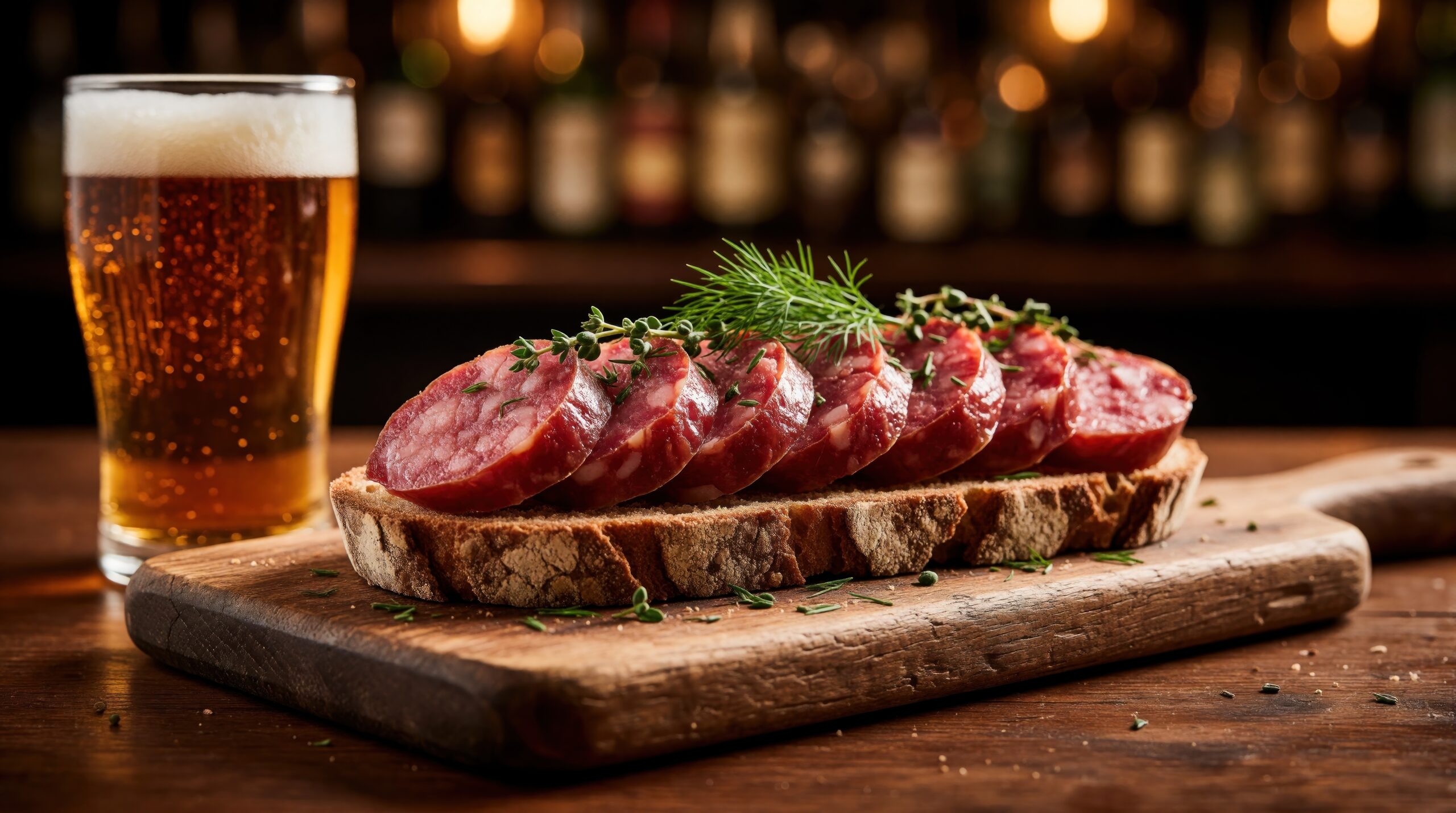 Sliced salami sausage on crispy rustic bread served with fresh herb garnish on wooden board. Glass of light cold beer sits next to savory snack food. Traditional pub meal arrangement on table inside